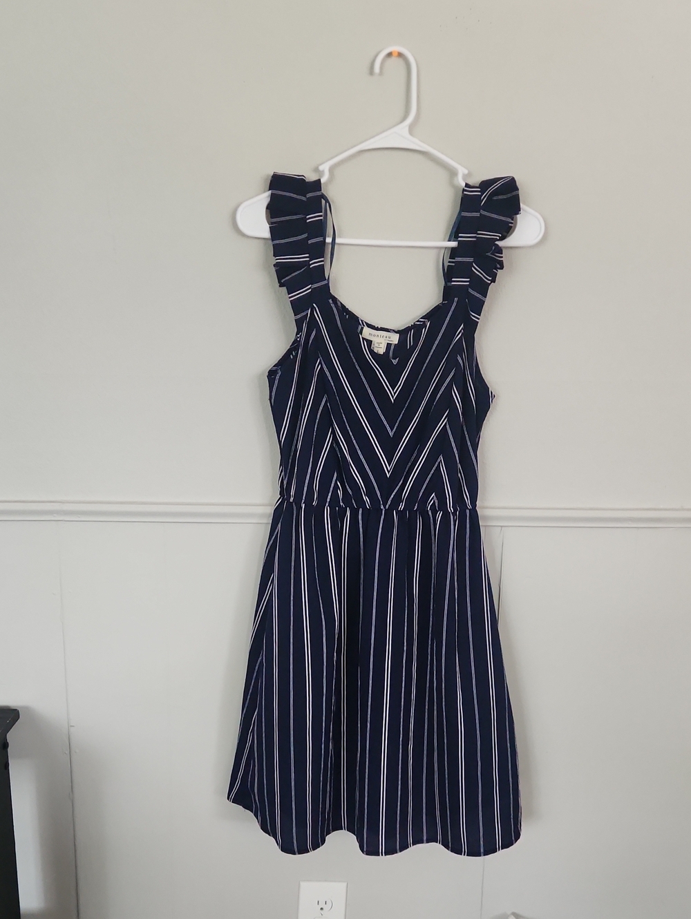 Monteau Navy and White Striped Ruffle Strap Dress